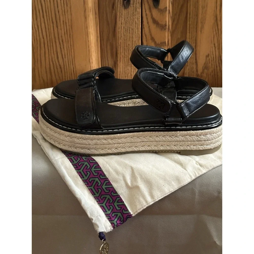 Tory Burch Espadrille Sandals,Black Leather, braided Platform Sole, Size 10